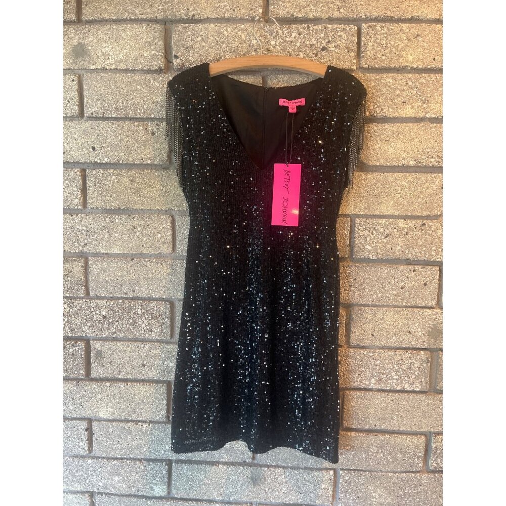 Betsey Johnson Black Sequin Dress W/ Chain Fringe Sleeves Medium Party Cocktail